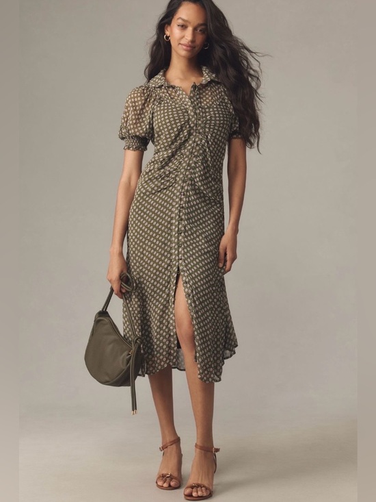 Anthropologie Dresses & Skirts - Anthropologie Puff-Sleeve Ruched Mesh Midi Shirt Dress 12 May fit 10